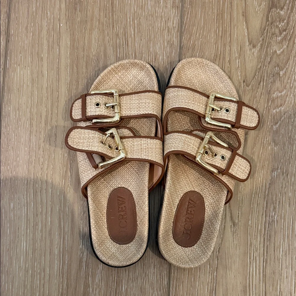 J. Crew Beige and Brown Woven Double-Buckle Slide Sandals